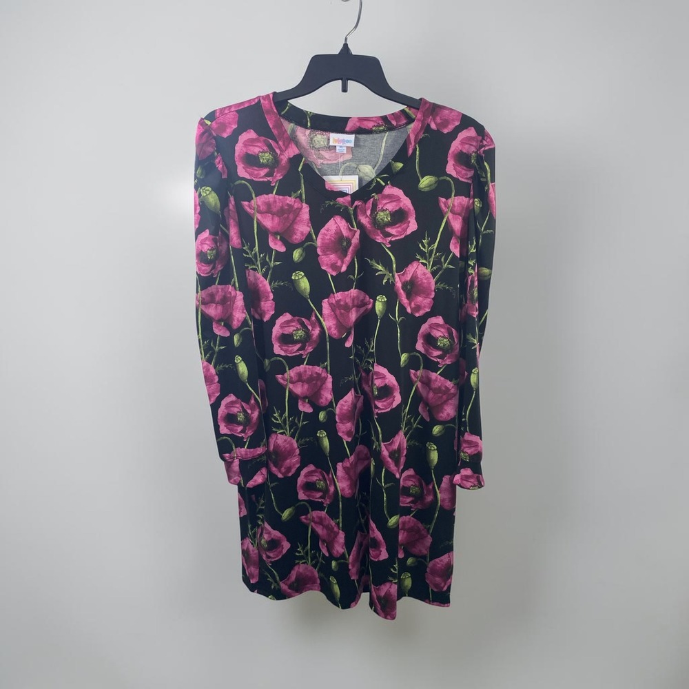 LuLaRoe Ava V-Neck Tunic Dress XL Pink Poppy Floral Long Sleeve Black New